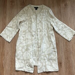 Tahari linen blend jacket/duster, beige & whit leaf print